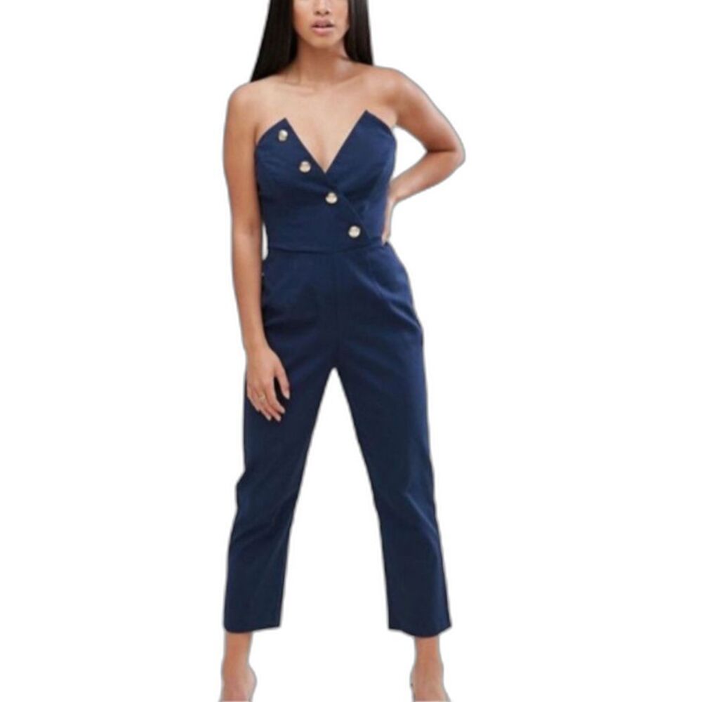 ASOS Women's Navy Strapless V-Neck Gold Crested Button Accent Jumpsuit Size 10